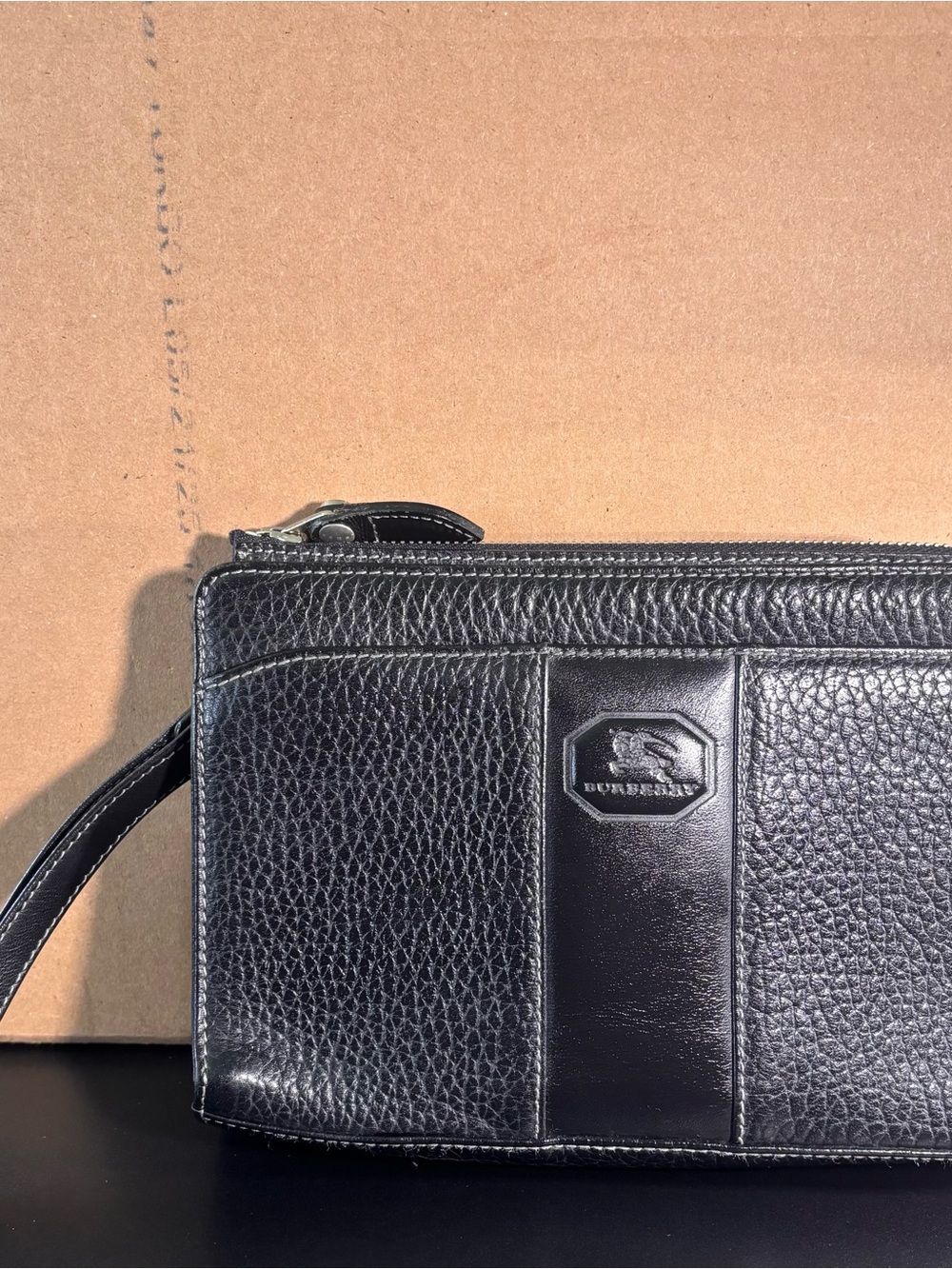 Burberry Black Pebbled Leather Wristlet Clutch Bag W/Front Pocket